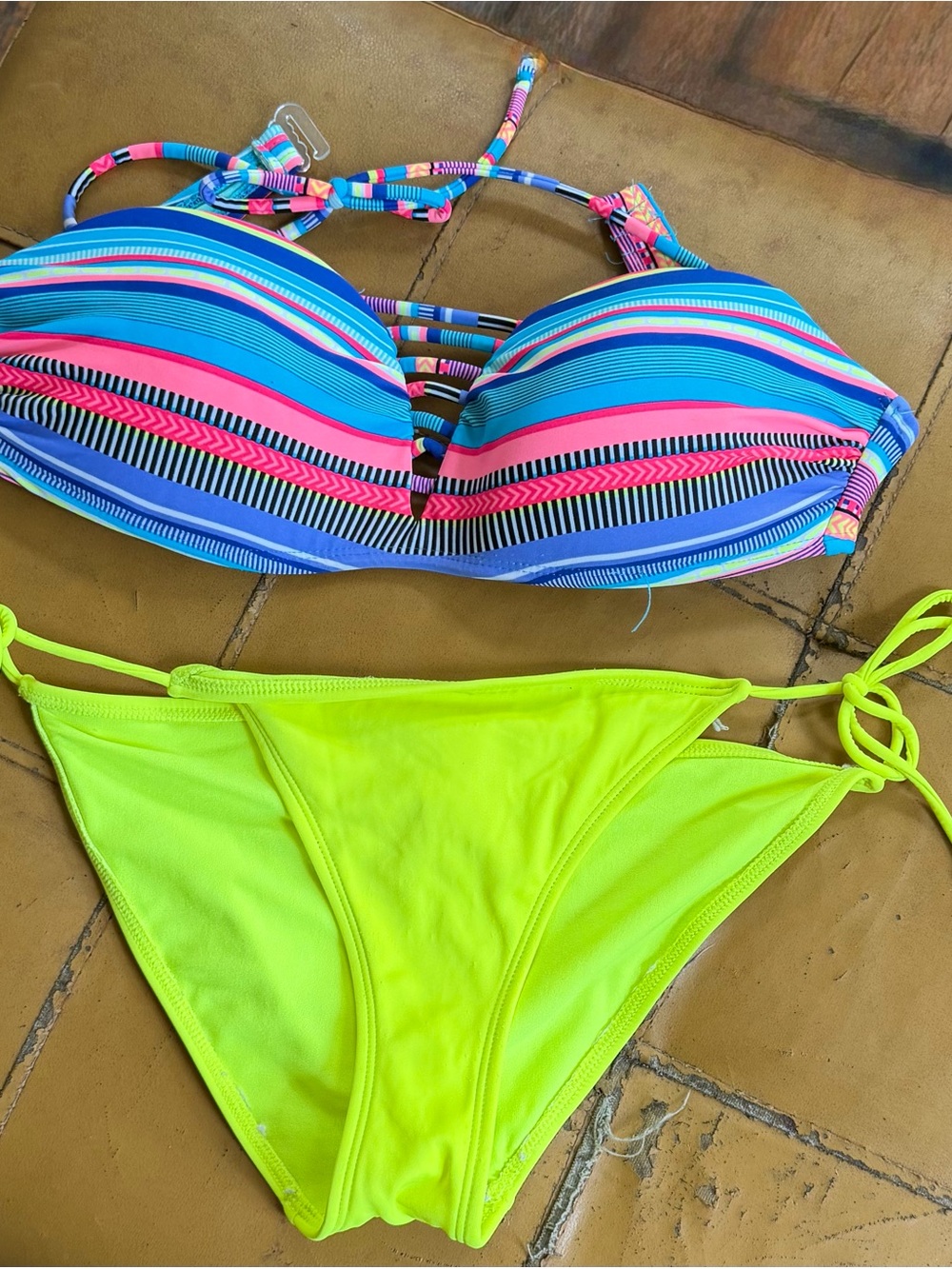 Striped Blue & Pink Bikini Top with Neon Yellow Tie-Side Bottom